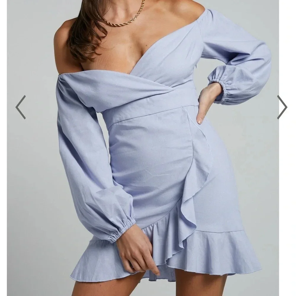 Showpo Cant Move On Dress Linen Look NWT Powder Blue Size 6 Faux Wrap Showpo Cant Move On Dress Linen Look NWT Powder Blue Size 6 Faux Wrap